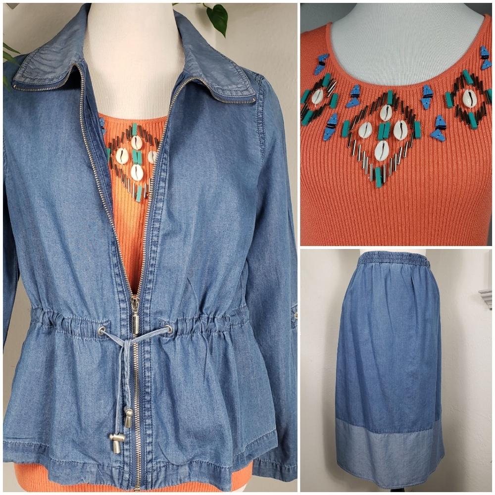 Ruby Rd. 3pc Chambray Denim Coat Skirt & Top - Southwestern Ranch Coastal 10 Med